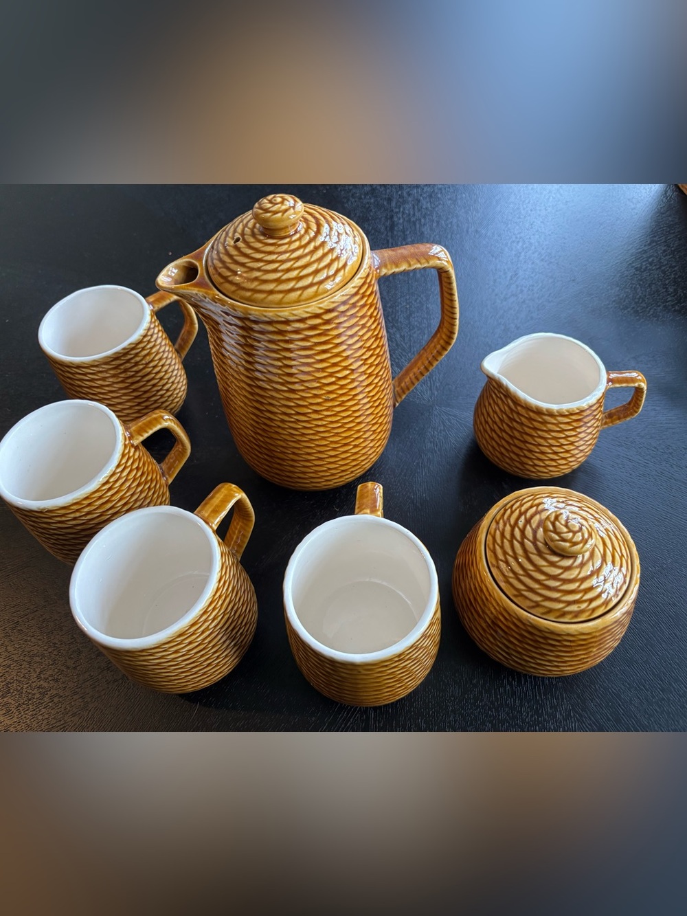 Vintage Royal Sealy Japan Teapot Set Roped Coil Pattern 7 Pieces